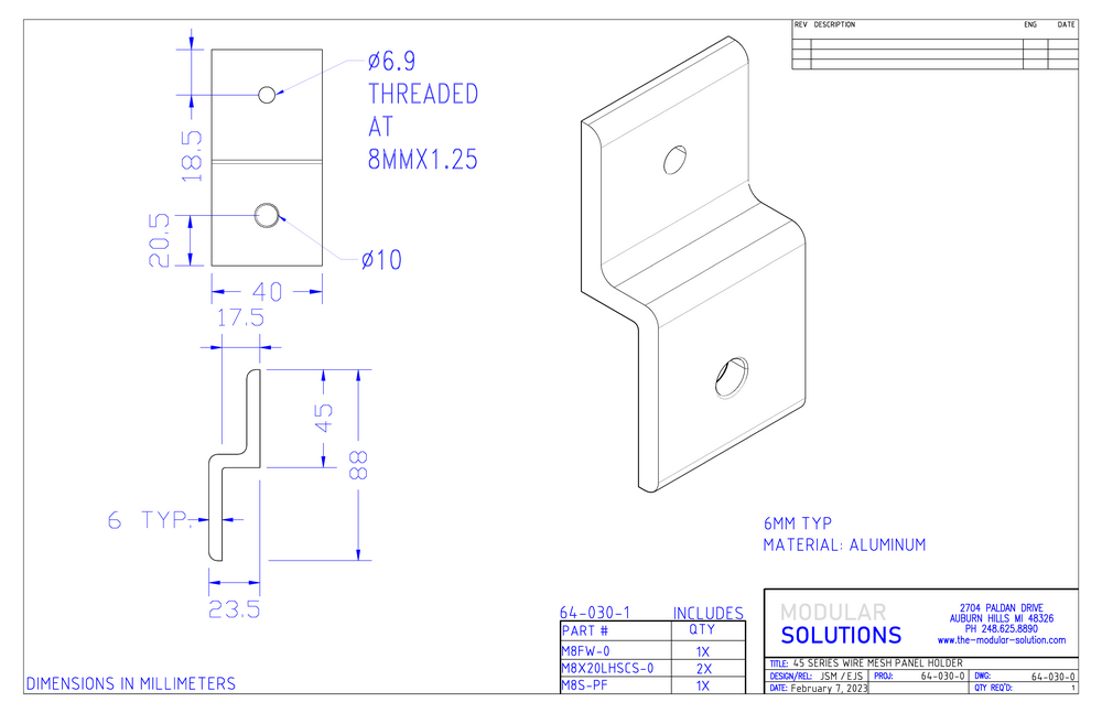 64-030-0 MODULAR SOLUTIONS PANEL CLAMP<br>WIRE MESH PANEL HOLDER SIZE 45 (PLATE ONLY)